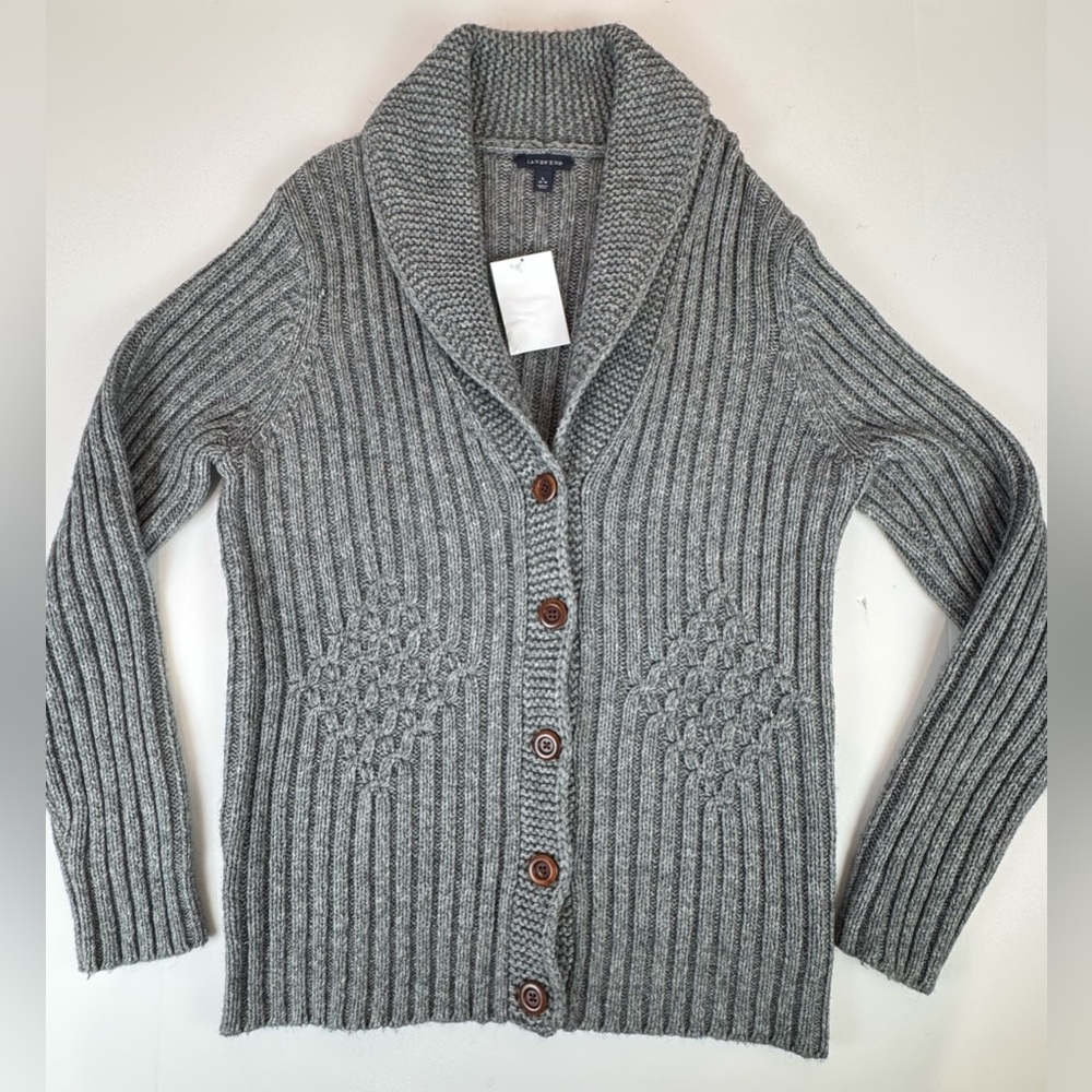 LANDS' END Grey Knit Shall Collar Cardigan Sweater Womens Size Large 12-14 NWOT